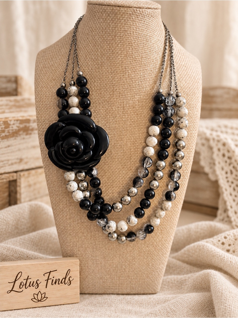 Black & Cream Multi-Strand Flower Statement Necklace